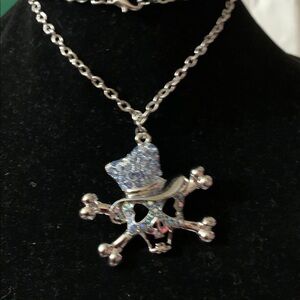 Silver Skull Blue Rhinestones Pendant Necklace in time for Halloween